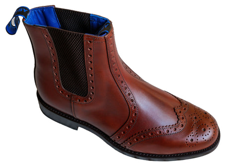 Sowerby Burford tan wax leather brogue dealer boots, handcrafted in England with Goodyear welt construction, full brogue detailing, elastic sides, and durable double leather soles