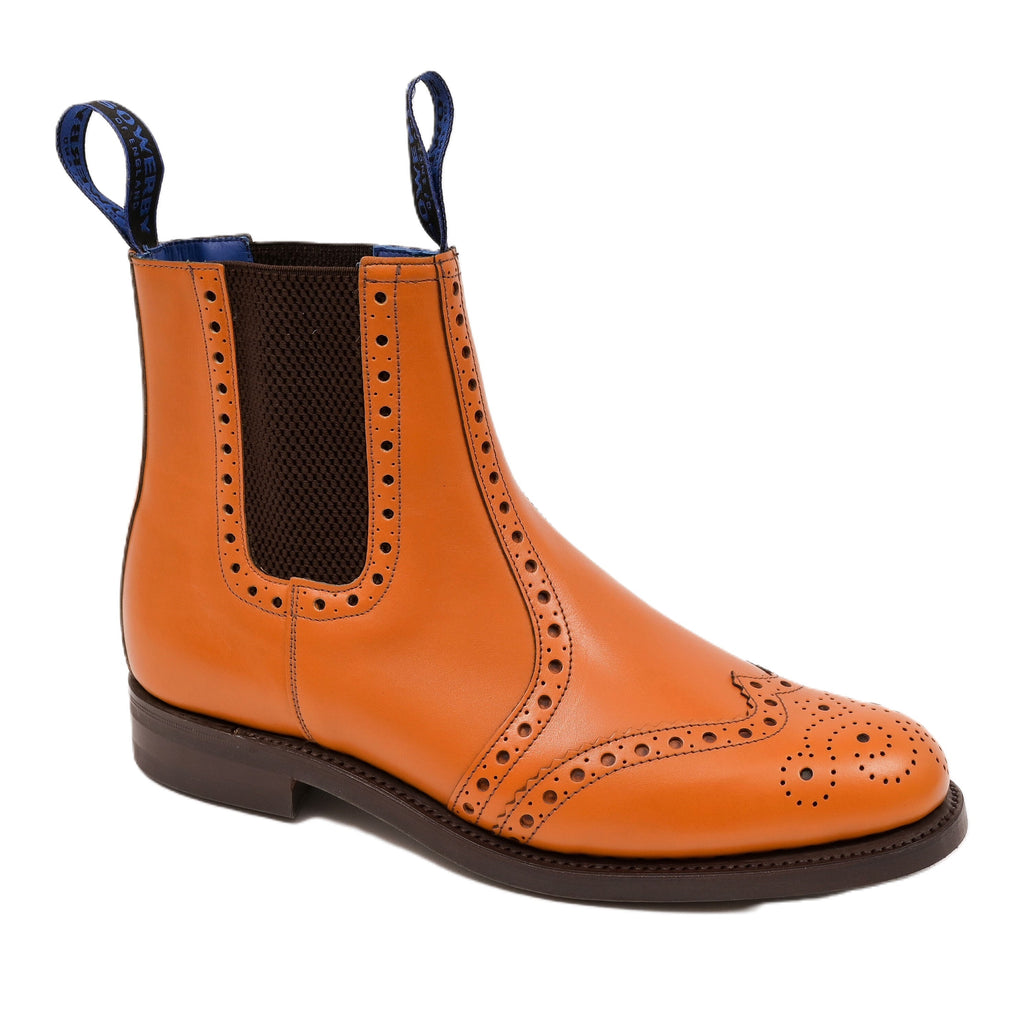 Sowerby Gloucester tan leather brogue dealer boots, handcrafted in the UK with Goodyear welt construction, full brogue detailing, elastic sides, and hardwearing Dainite rubber soles