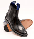 Sowerby Kensington black polished leather brogue dealer boots, handcrafted in England with Goodyear welt construction, full brogue detailing, elastic sides, and durable double leather soles