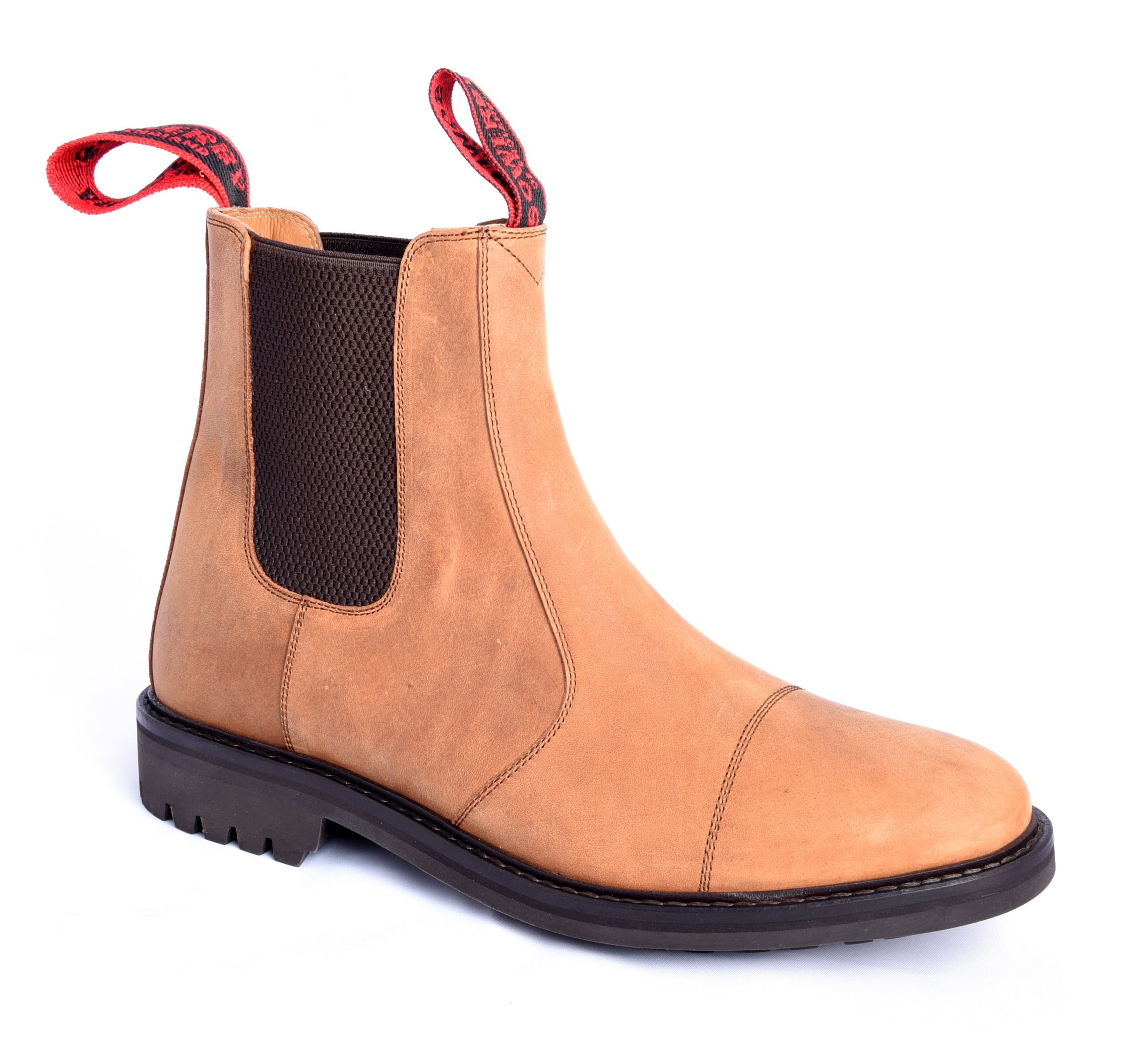 Sowerby Stanton dealer boots in gaucho brown leather, featuring a clean toe, elastic side gussets, pull tabs, and durable commando soles